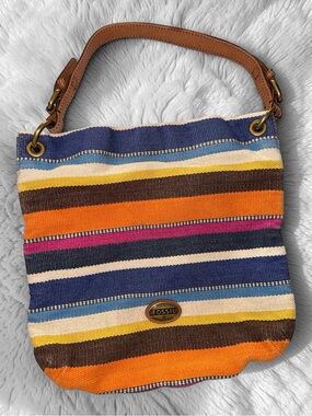 Fossil Striped Canvas Hobo Slouchy Shoulder Bag in Orange, Navy & Brown